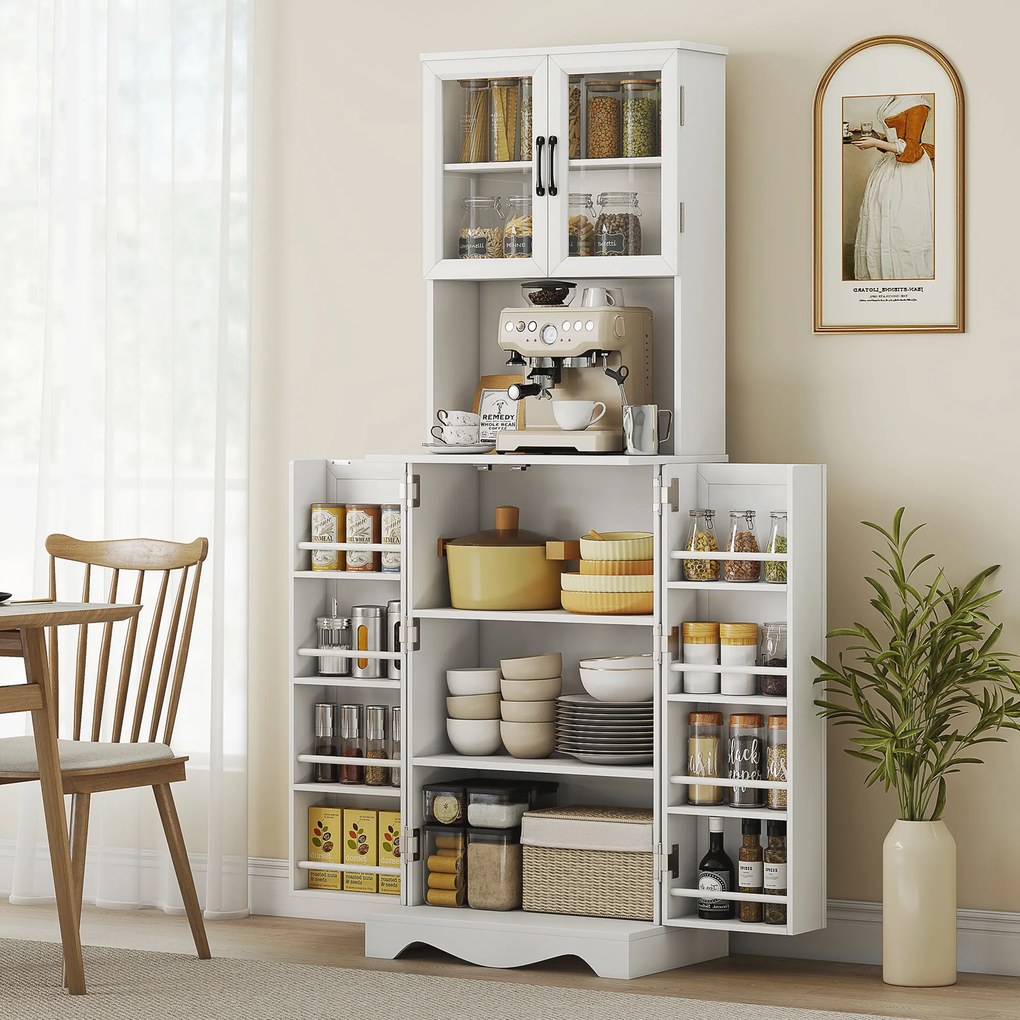 Armário de cozinha alto com 4 portas 60 x 39,5 x 179,6 cm, 8 compartimentos para especiarias, bancada e prateleira ajustável, branco