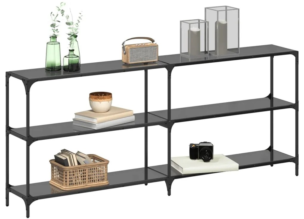Mesa consola com tampo em vidro preto 194,5x30x81 cm aço