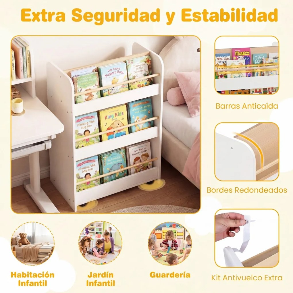 Estante infantil de 3 níveis com rodas 62,5 x 40 x 83 cm, carrinho de dupla face para livros, creche ou sala de aula, branca