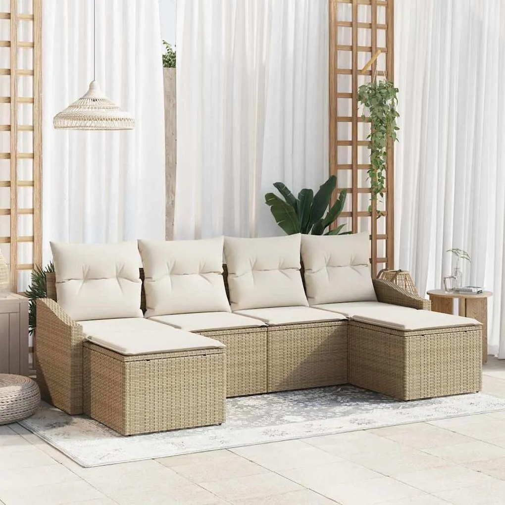 Conjunto de sofá de jardim de 6 peças com almofadas bege em rattan.
