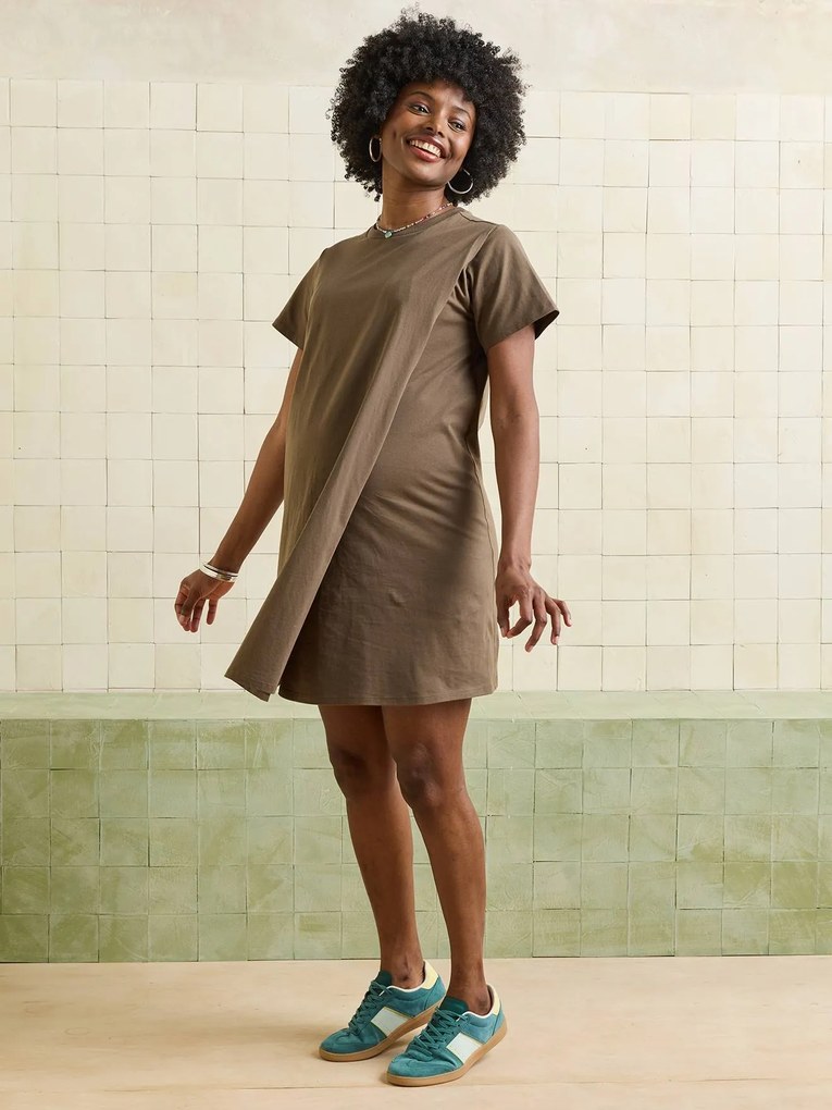 Vestido estilo camisola em algodão bio*, especial gravidez e amamentação caqui