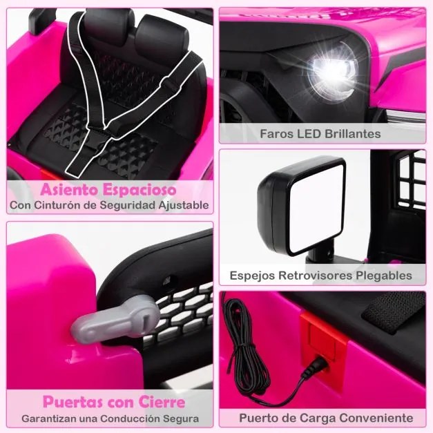 Carro elétrico para crianças 12V com comando à distância, volante, painel musical, buzina, faróis, espelhos rebatíveis e 4 rodas cor-de-rosa
