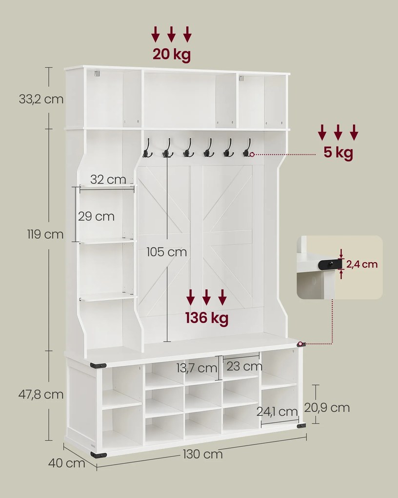 Bengaleiro entrada HAll com sapateira estilo campestre 40 x 130 x 200 cm Branco nuvem