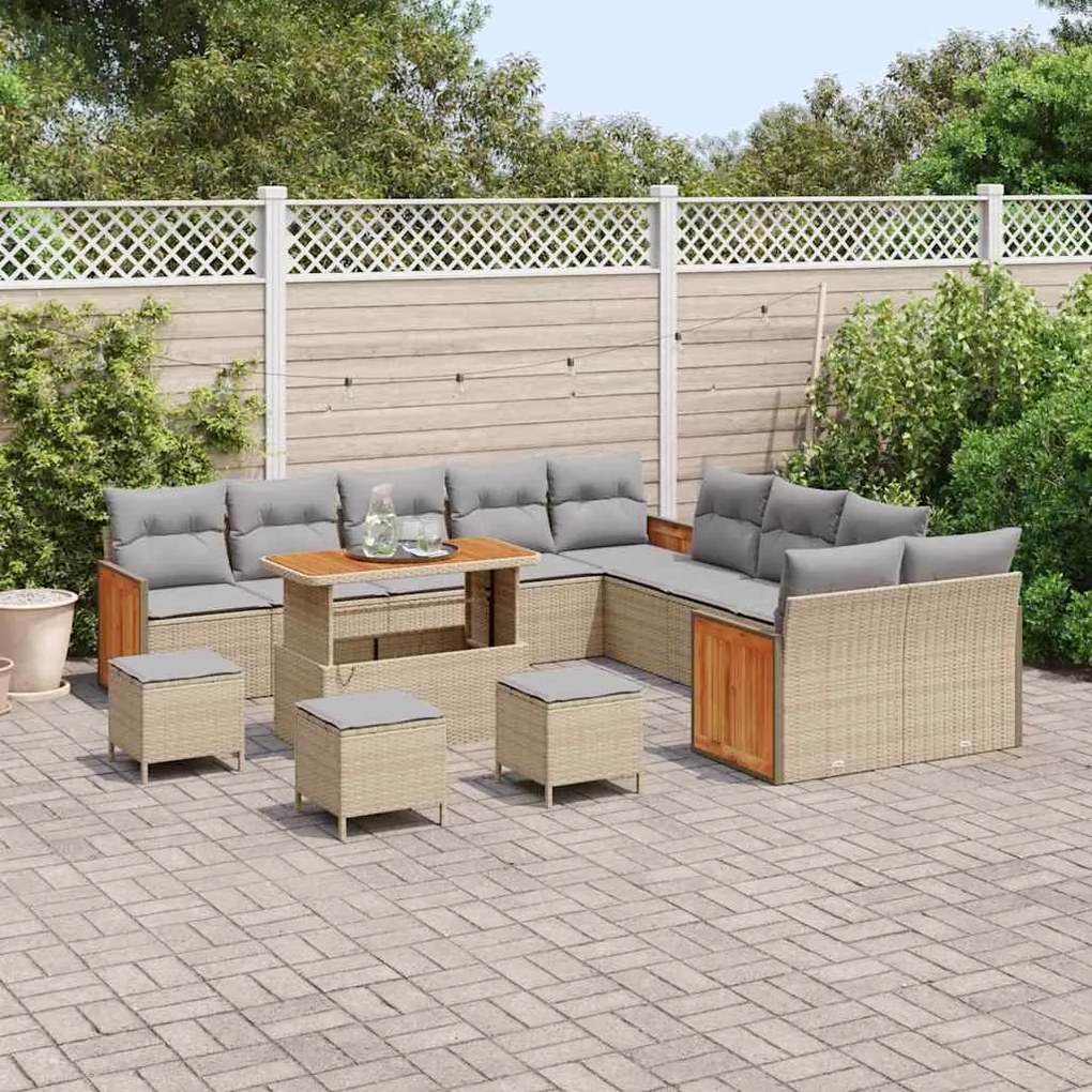 Conjunto de Sofás de Jardim de 14 Peças com Almofadas Bege Rattan Acác