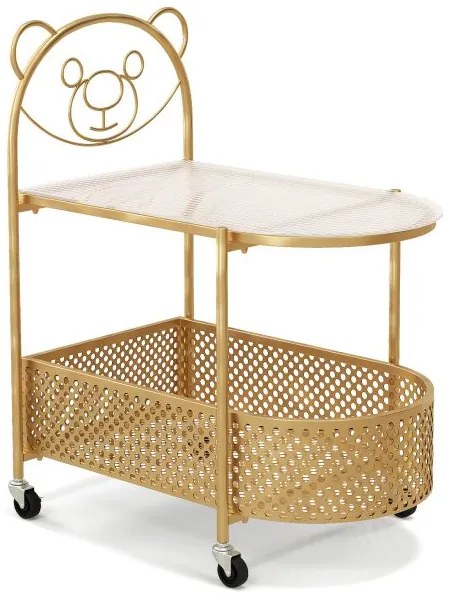 Mesa de centro móvel de vidro com 2 níveis, estampa de urso e cesto de armazenamento - branca
