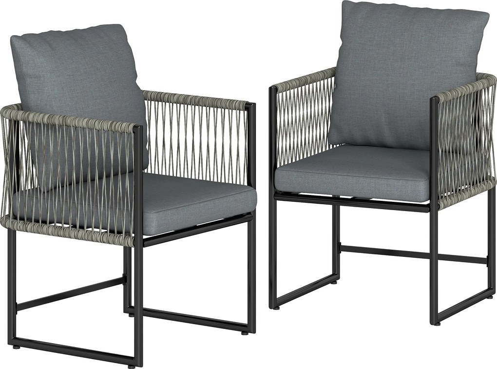 Outsunny Conjunto de 2 Cadeiras de Jardim à Prova de Intempéries em Aço e PE Rattan com Almofada 52x52x66 cm Cinza Escuro | Aosom Portugal