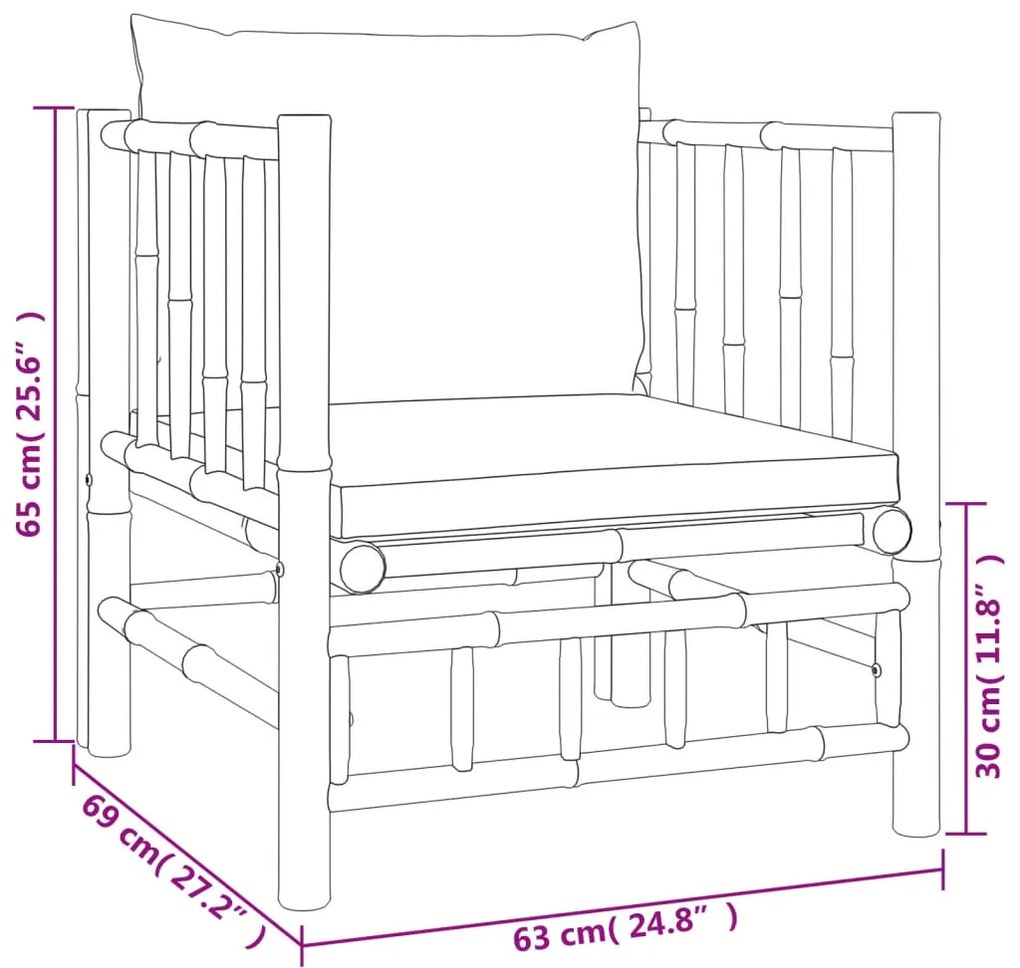 6 pcs conjunto lounge de jardim bambu c/ almofadões branco nata