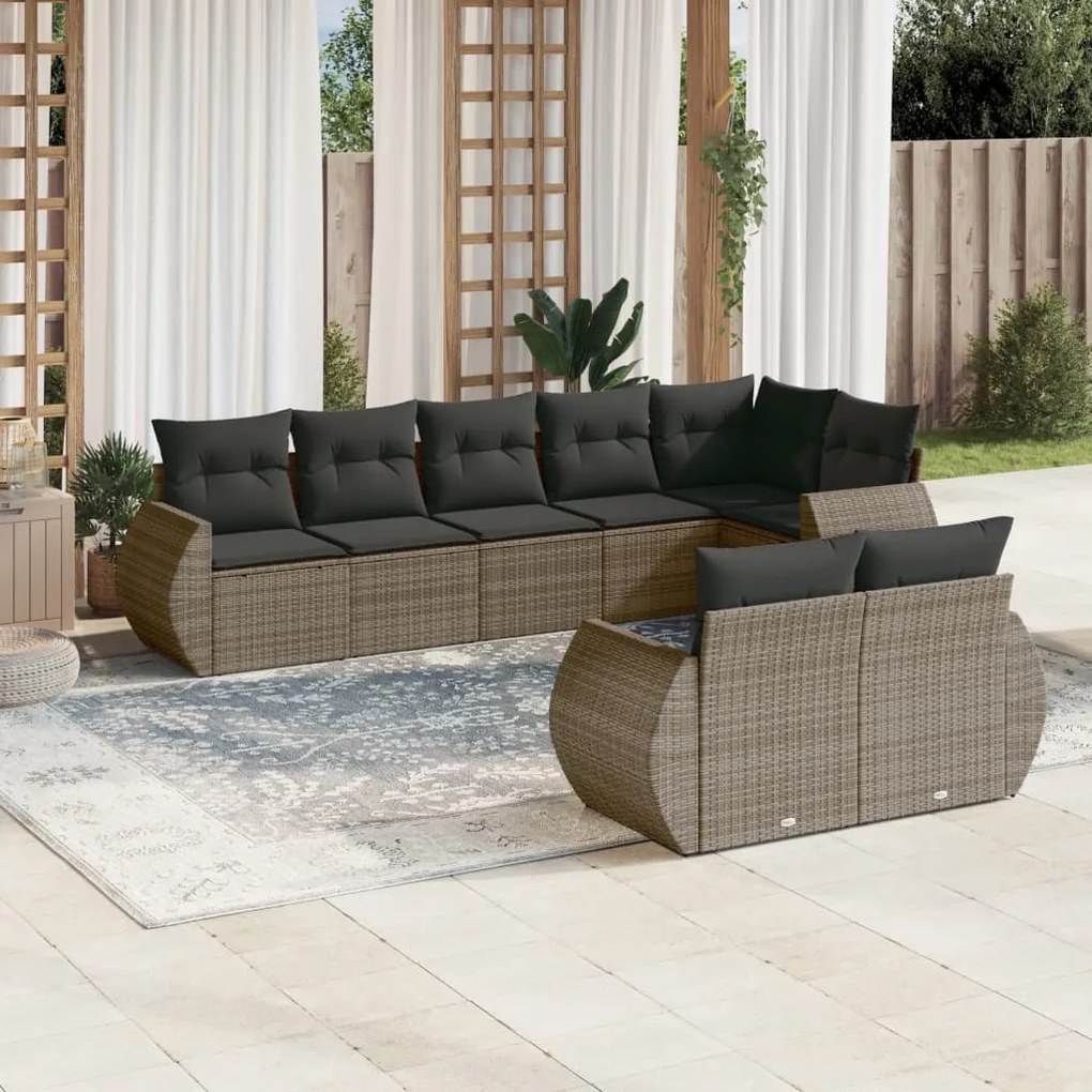vidaXL 8 pcs conjunto sofás de jardim c/ almofadões vime PE cinzento