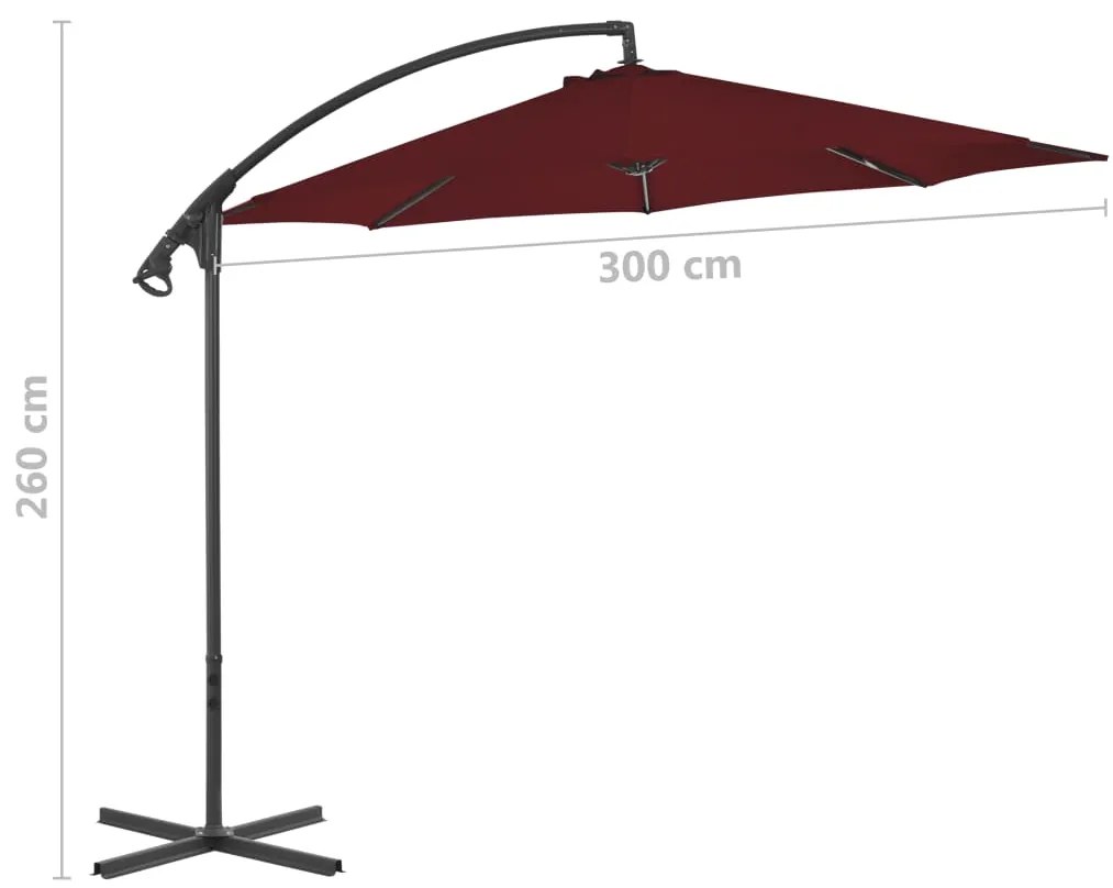 Guarda-sol cantilever com poste de aço 300 cm vermelho bordô