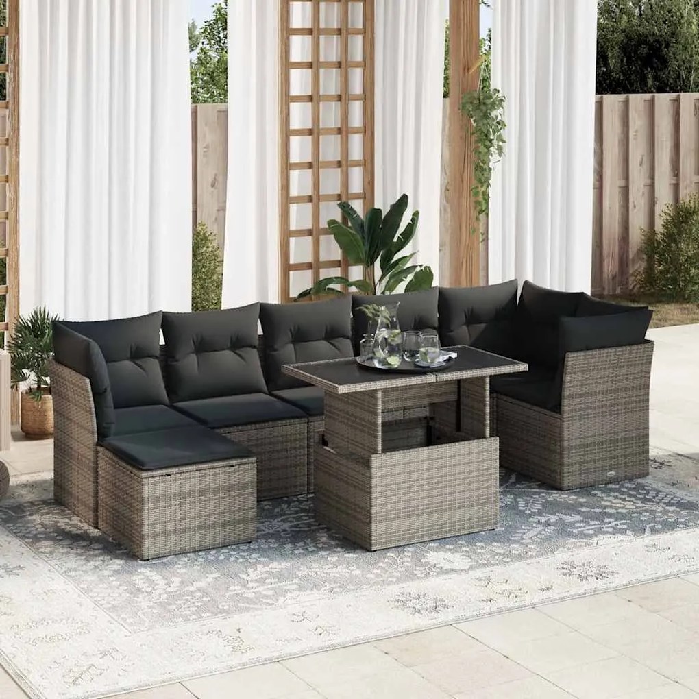 8 pcs conjunto sofás de jardim c/ almofadões vime PE cinzento