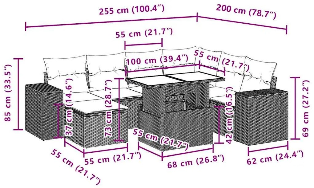 8 pcs conjunto sofás de jardim com almofadões vime PE preto