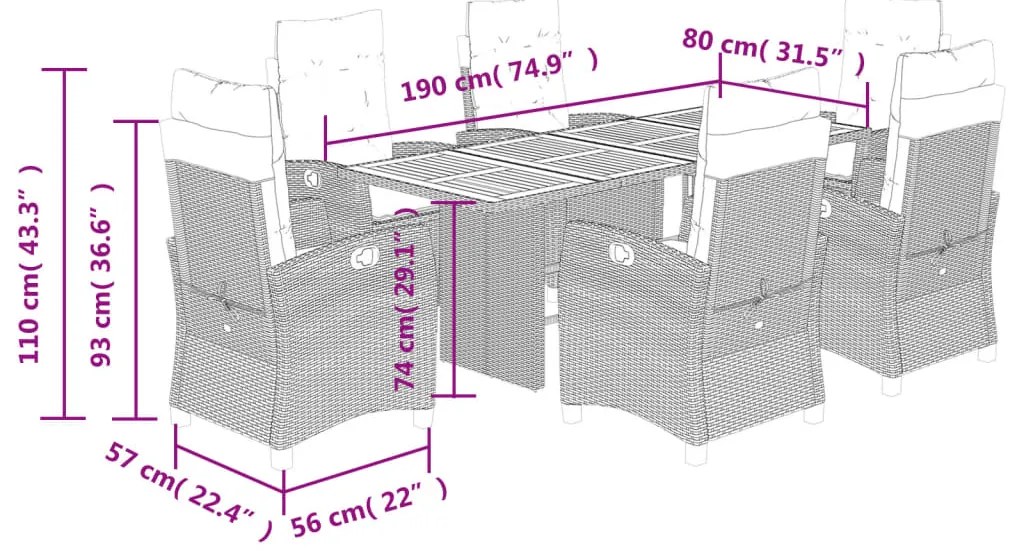 7 pcs conj. jantar jardim c/ almofadões vime PE bege misturado