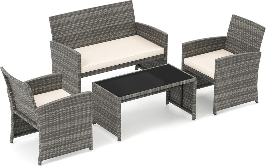 Conjunto de Jardim, 4 peças em rattan com almofadas e tampo em vidro temperado, para jardim, alpendre ou varanda, cinzento e Creme