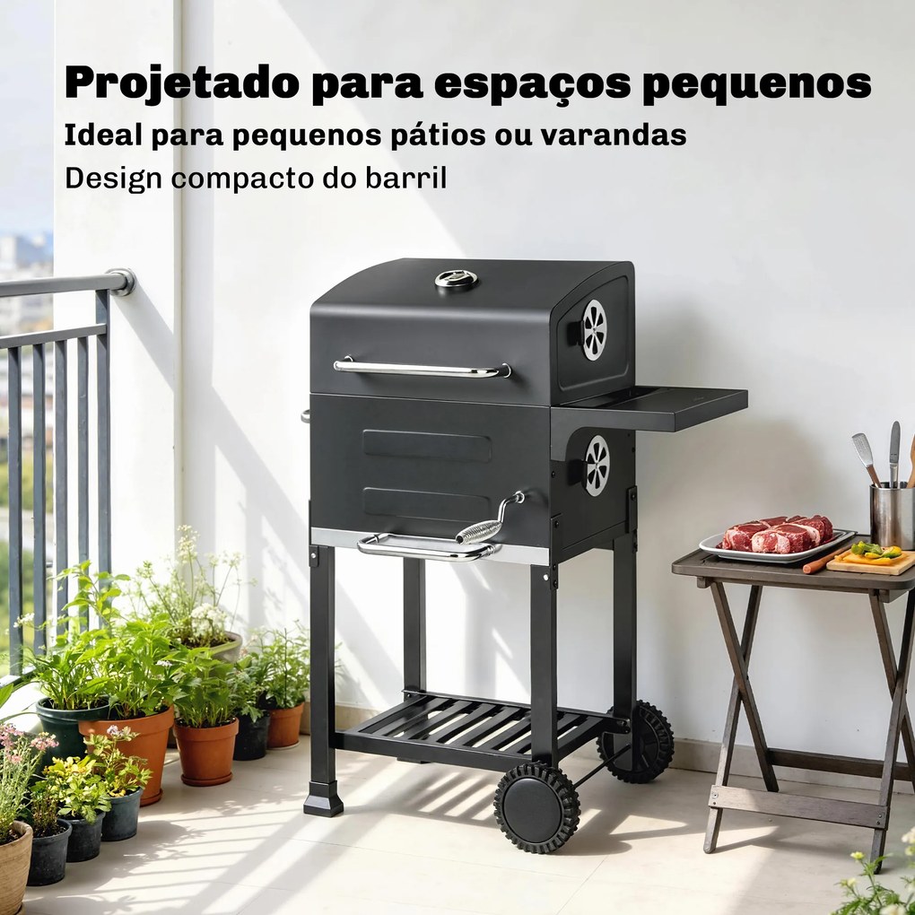 Grelhador de Carvão Portátil com Grelha em Aço Inoxidável, Prateleira Lateral, Termómetro, Bandeja e Rodas, Preto