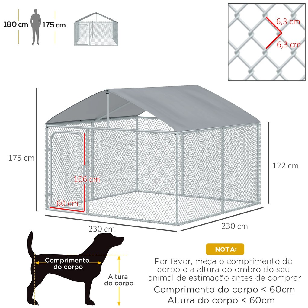 Canil de Exterior com Toldo Gaiola para Cães Animais de Estimação de Metal Galvanizado com Fechadura para Jardim Pátio 230x230x175cm Prata