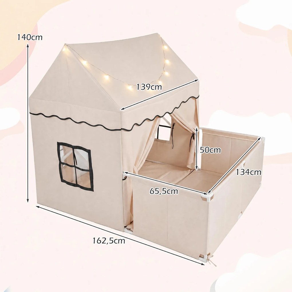 Tenda de Brincar Infantil 2 em 1 com Parque, 162,5 x 139 x 140 cm, Tapete Amovível, Bege