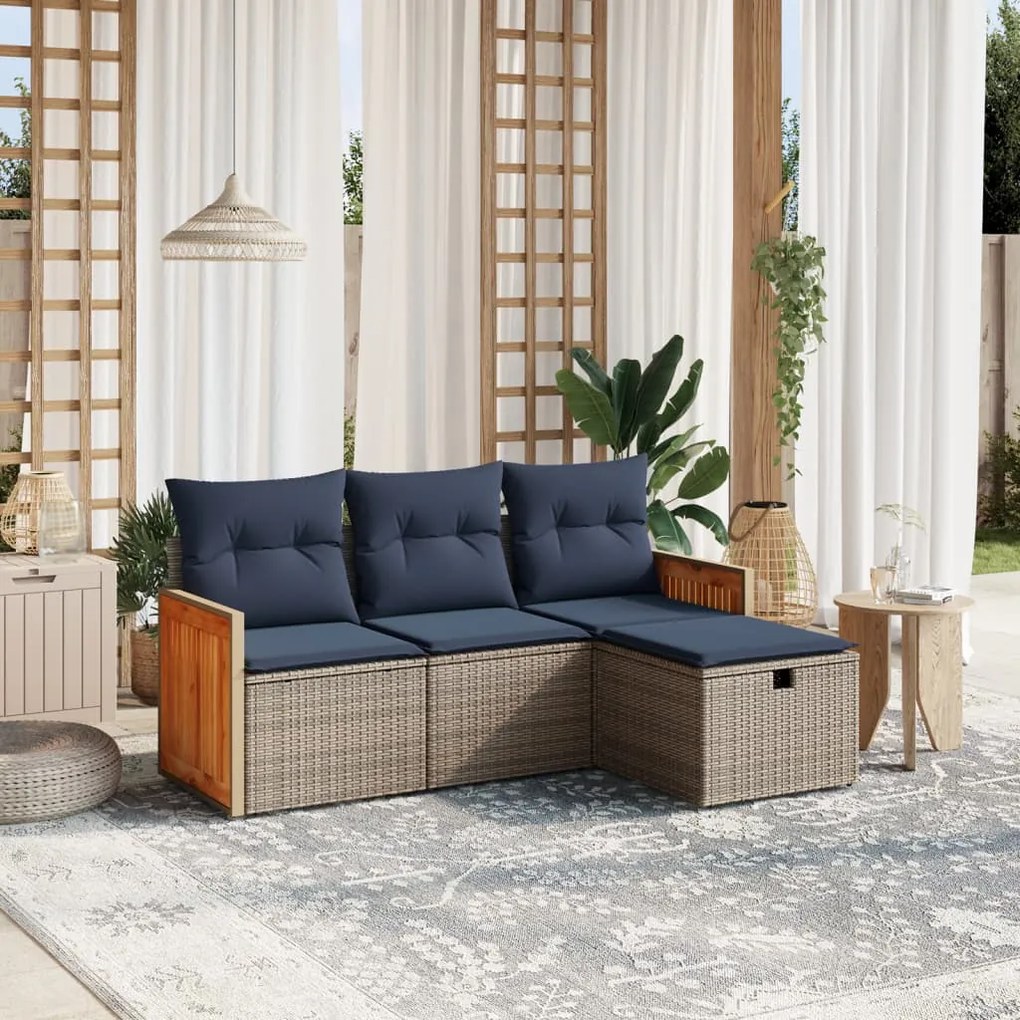 vidaXL 4 pcs conjunto sofás p/ jardim c/ almofadões vime PE cinzento
