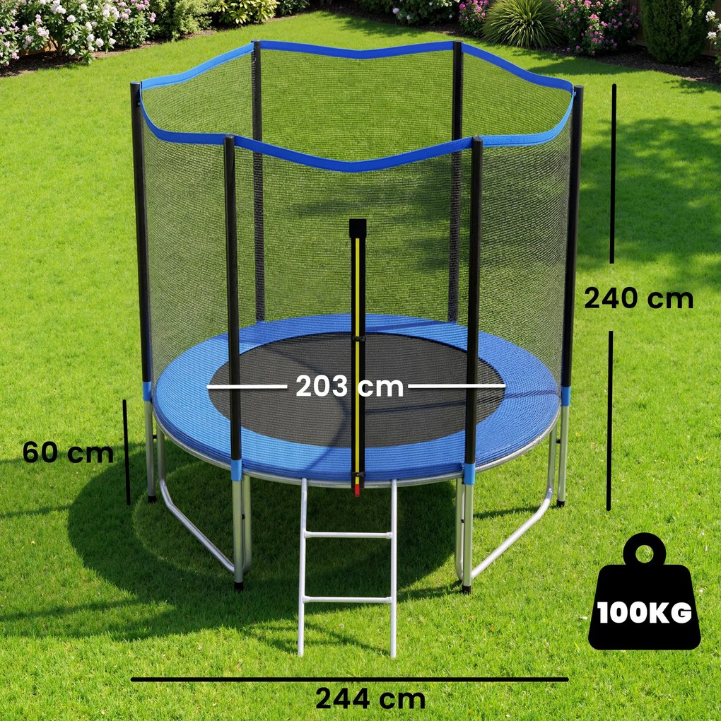 Trampolim para Crianças Exterior Ø244 cm com Rede de Segurança Escada Acolchoamento de Molas Azul