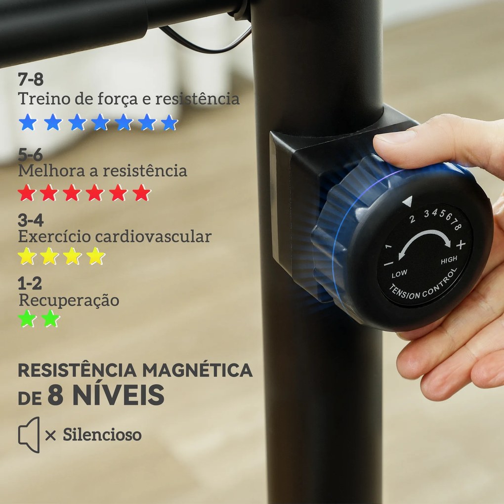 Bicicleta Estática com 8 Níveis de Resistência Magnética Sensor de Frequência Assento Ajustável Ecrã LCD 88x50,5x131,5 cm Preto