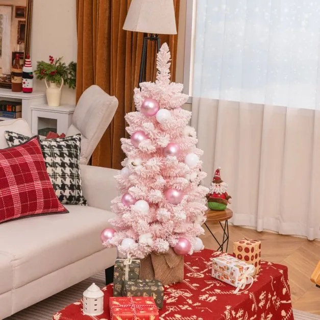 Mini Árvore de Natal artificial de mesa de 90 cm pré-decorada com 12 bolas de algodão 24 bolas decorativas Ramos de neve Rosa