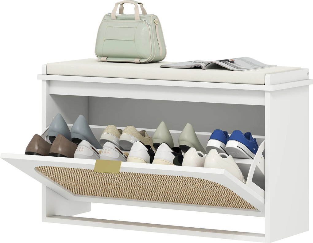 Sapateira 80 x 26 x 47,5 cm Banco para sapatos, assento almofadado, gaveta rebatível, porta em rattan, branco