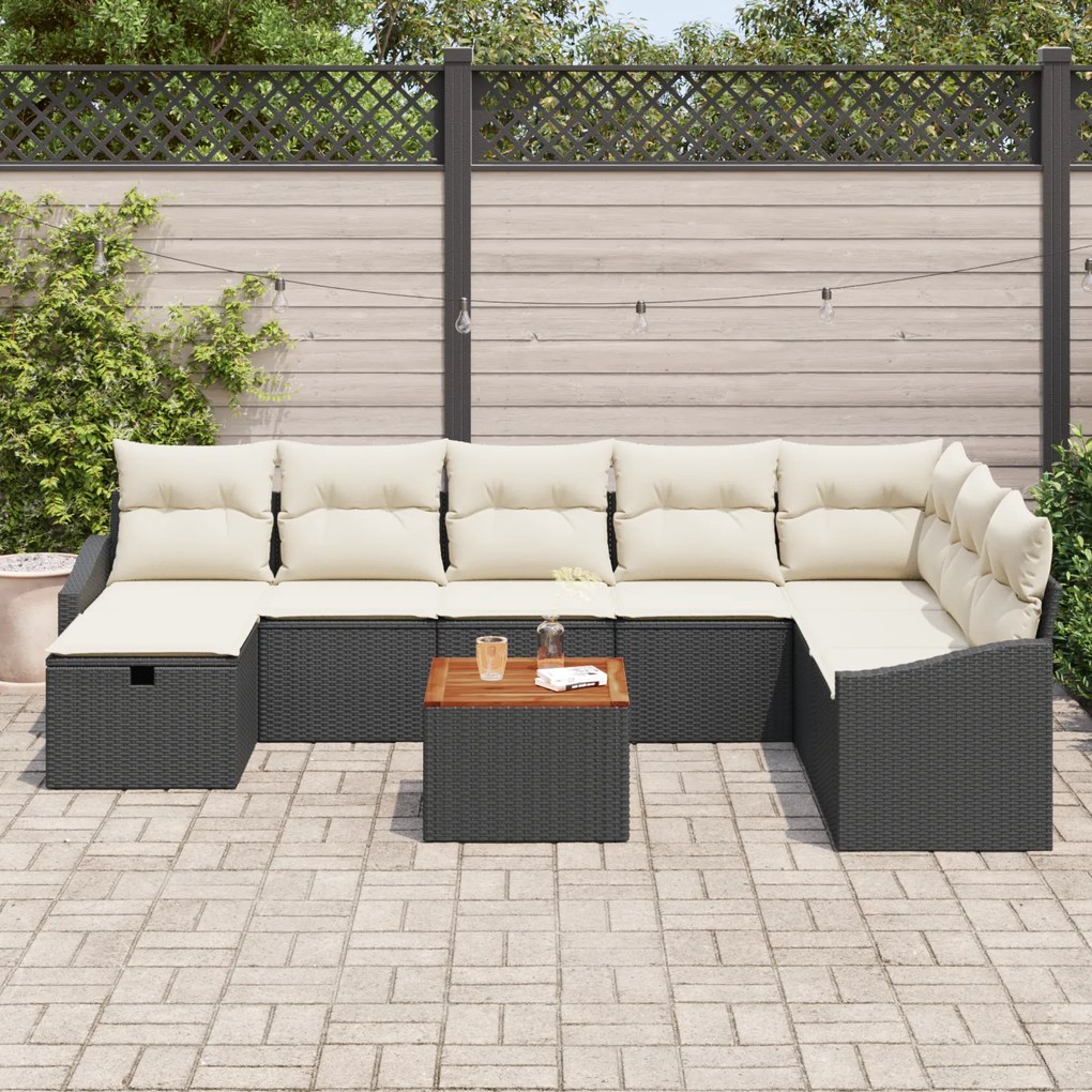 Conjunto de Sofá de Jardim com Almofadas Pretas em Vime Sintético