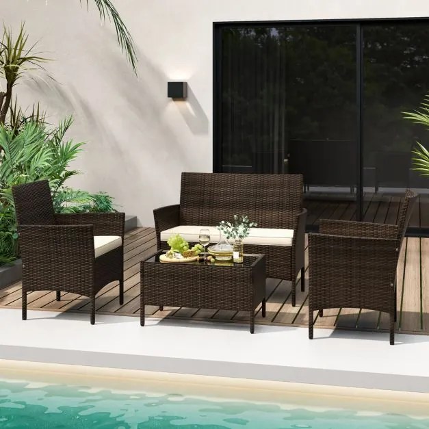 Conjunto de jardim, 4 peças: mobiliário de exterior com cadeira, sofá de 2 lugares e mesa de vidro temperado Castanho misto e almofadas Creme