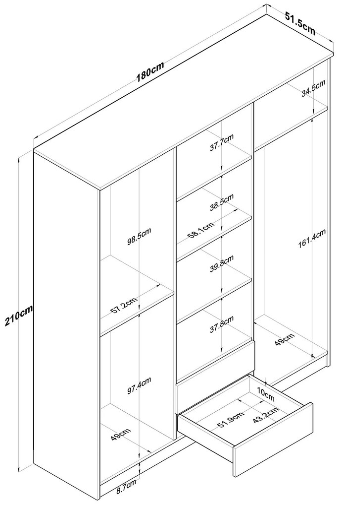 Roupeiro BA113 – Nogueira e Branco – 180 cm x 210 cm x 51,5 cm