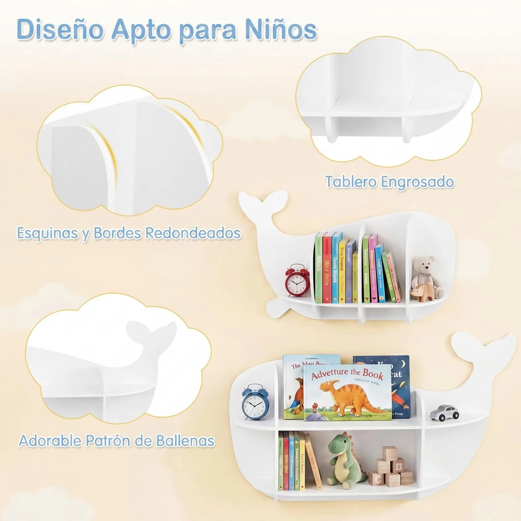 Conjunto de 2 prateleiras suspensas em forma de baleia com compartimentos abertos - Estante suspensa em madeira para quarto infantil ou creche - Branc