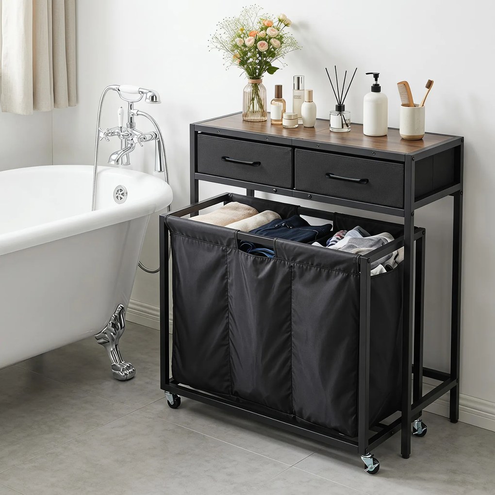 Cesto para Roupa Suja com Rodas, 80 x 32 x 77 cm, Três Compartimentos, Castanho