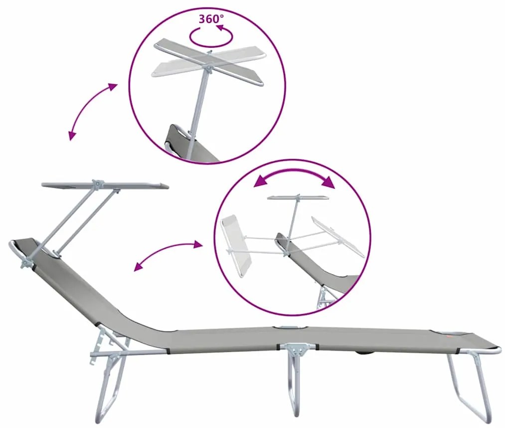 Espreguiçadeiras dobráveis 2 pcs com toldo em tecido Oxford cinza 600D