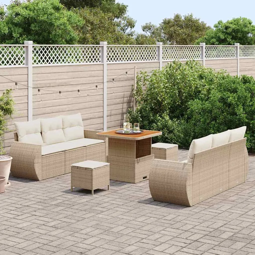 sofá de jardim 9 peças com almofadas bege de rattan e acácia