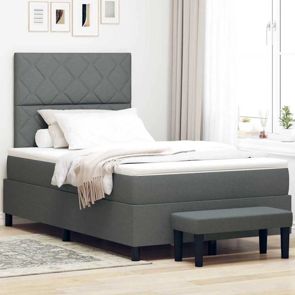Cama Box Spring com Colchão &amp; Banco Cinza Escuro 120x200 cm Tecido