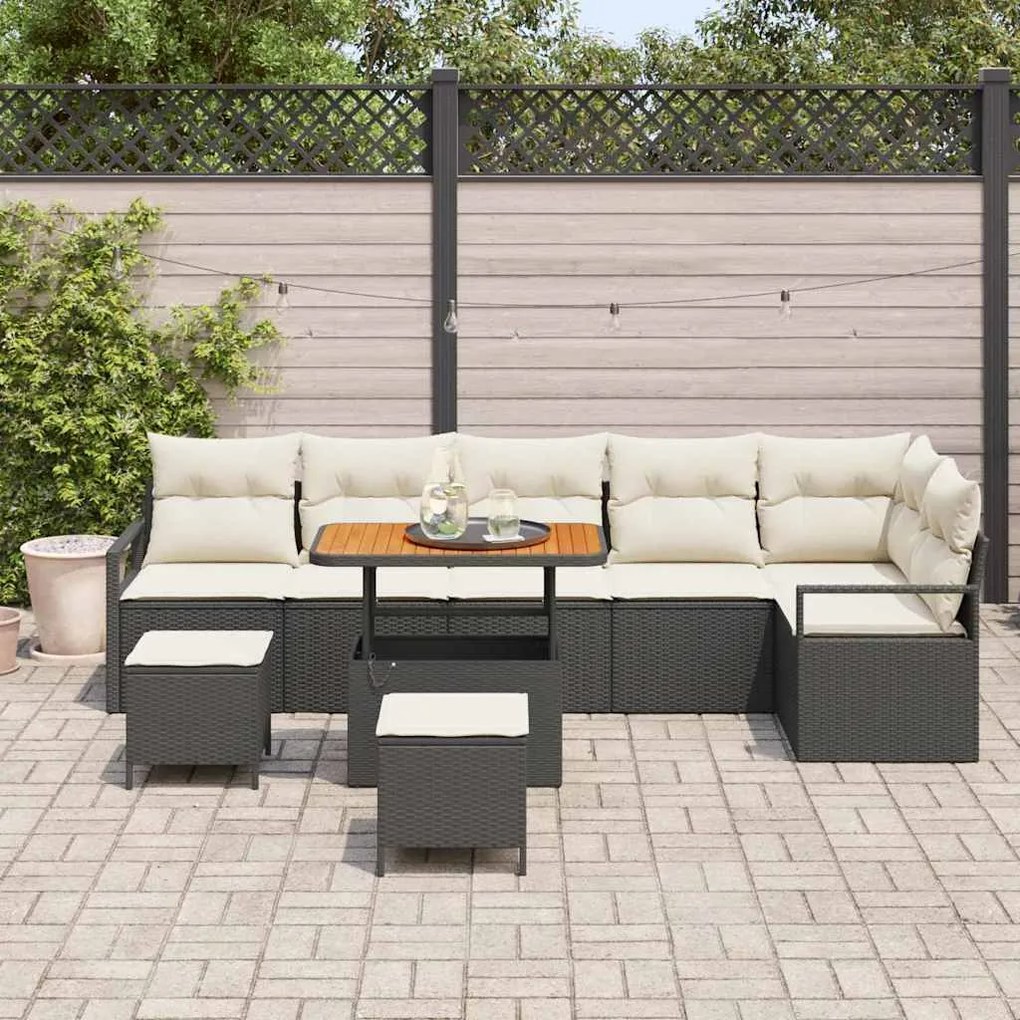 Conjunto de Sofás de Jardim de 9 Peças com Almofadas Preto Vime Políme