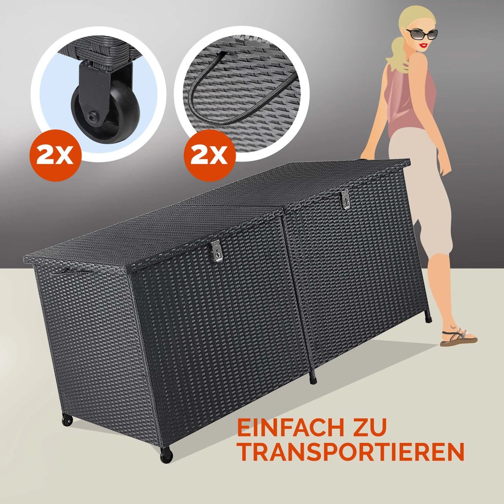 Caixa de exterior para almofadas 625 L em Polyrattan 151x77x73cm com Rodas Preto
