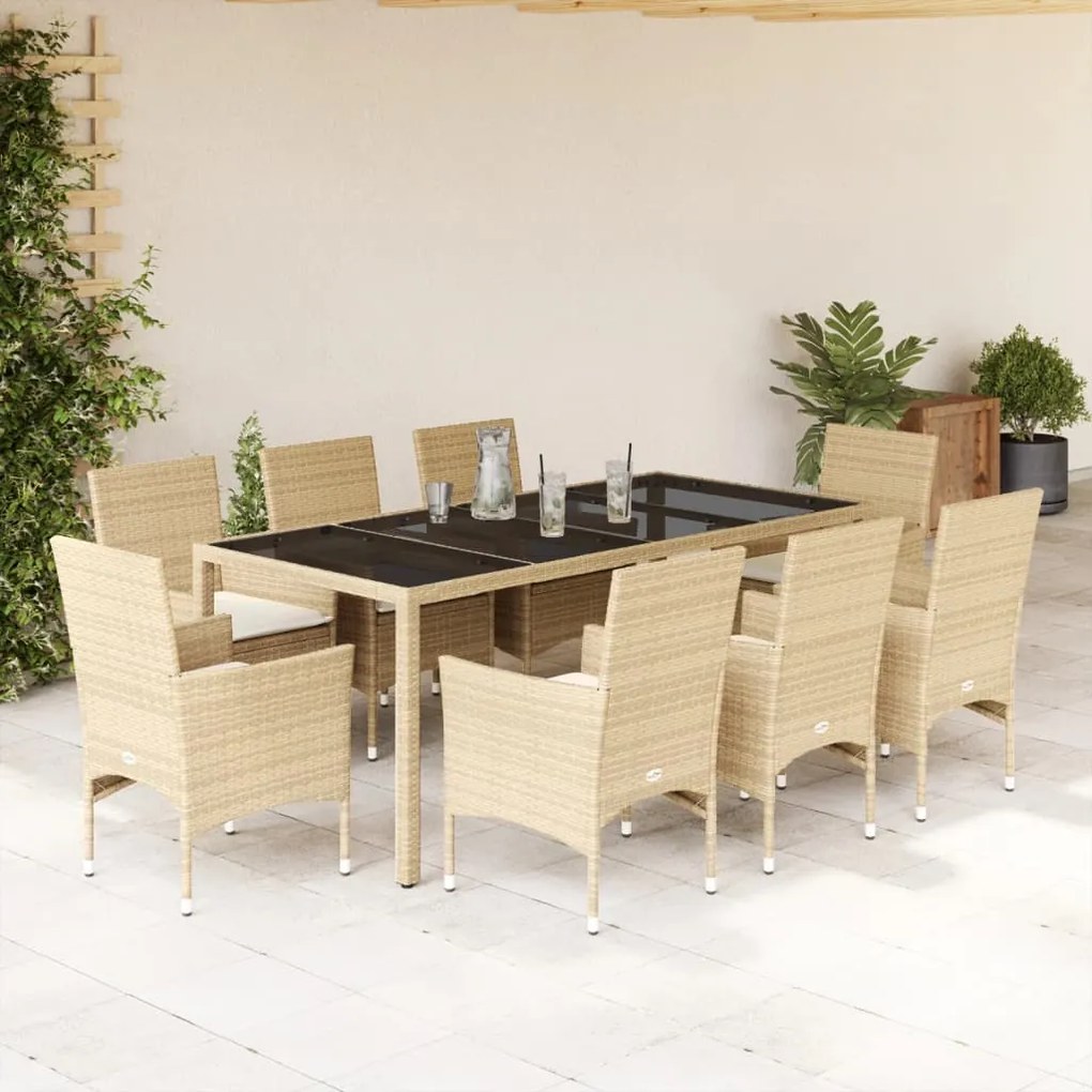 9 pcs conjunto jantar jardim com almofadões vime PE/vidro bege
