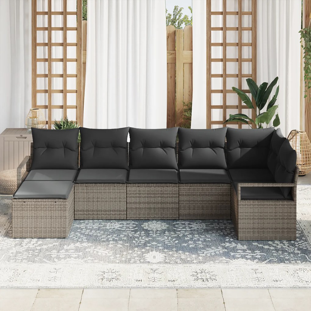 Conjunto de Sofá de Jardim com 7 Peças Cinza Vime Poliéster