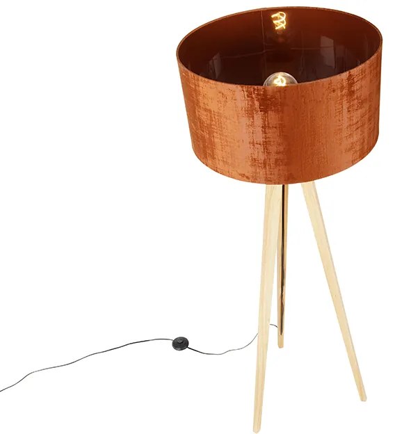Candeeiro de pé em madeira com abajur de tecido laranja 50 cm - Tripod Classic Rústico