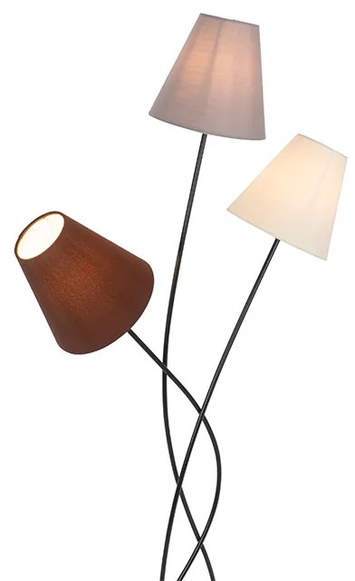 Candeeiro de pé design preto com abajures de tecido 3 luzes - Melis Moderno