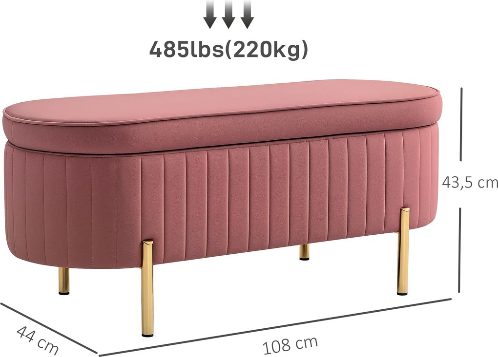Banco de arrumação, baú de veludo com tampa, pés de metal, capacidade de 72 L, 108 x 44 x 43,5 cm, rosa