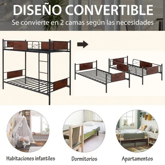 Beliche de metal Cama convertível 2 em 1 para 2 pessoas e corrimão de segurança de 30 cm com dispositivo anti-tombo 198 x 95 x 156 cm