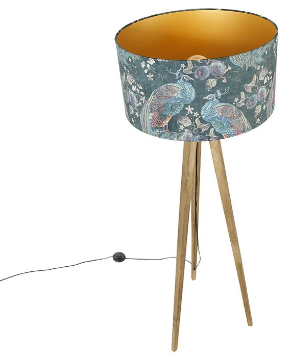 Tripé Vintage em Madeira com Abajur Verde-Pavão 50 cm - Tripod Classic Rústico