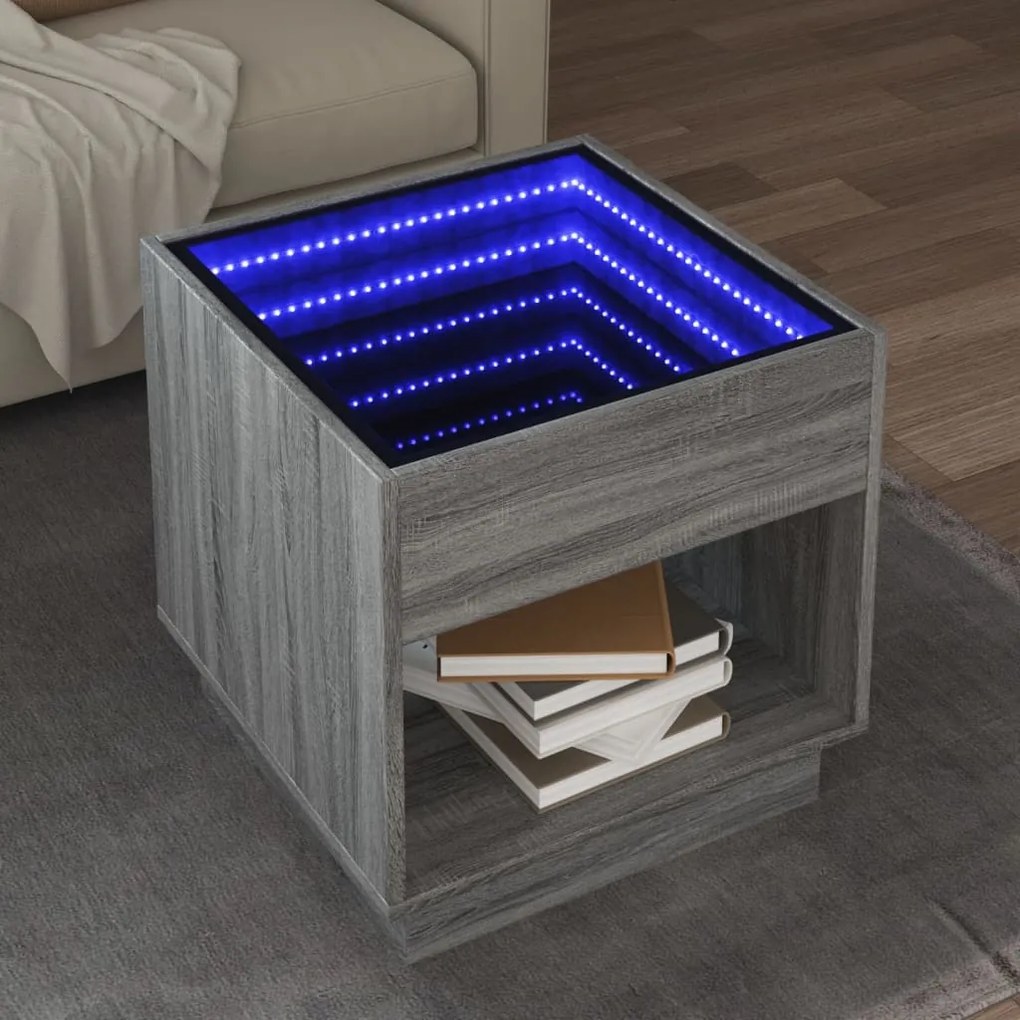vidaXL Mesa de centro luzes LED Infinity 50x50x50 cm cinzento sonoma