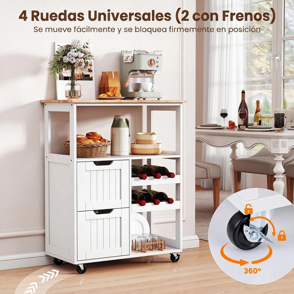 Carrinho de Cozinha com Garrafeira, 65 x 37 x 89 cm, Arrumação Completa, Branco