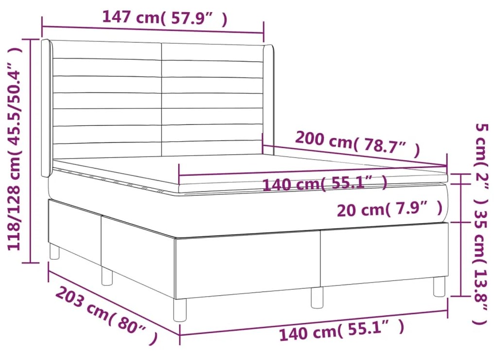 Cama box spring c/ colchão e LED 140x200 cm tecido cor creme