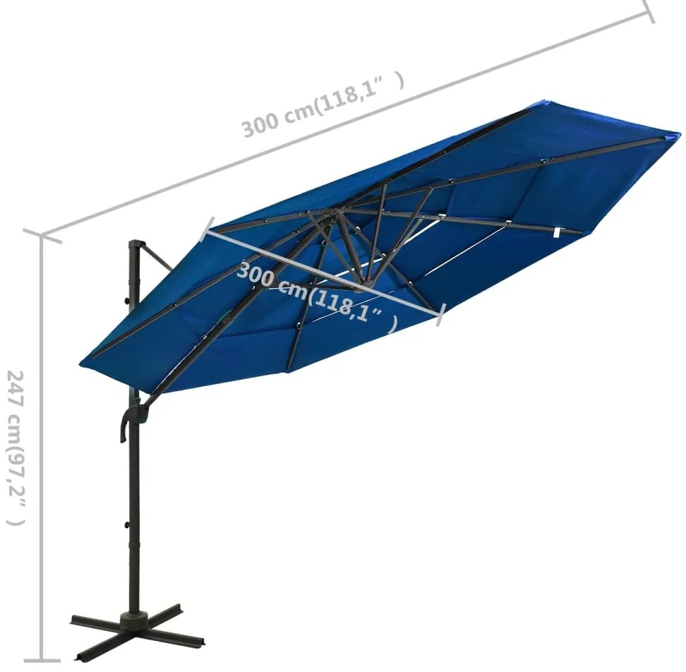 Guarda-sol jardim 4 camadas c/ poste alumínio 3x3 m azul-ciano