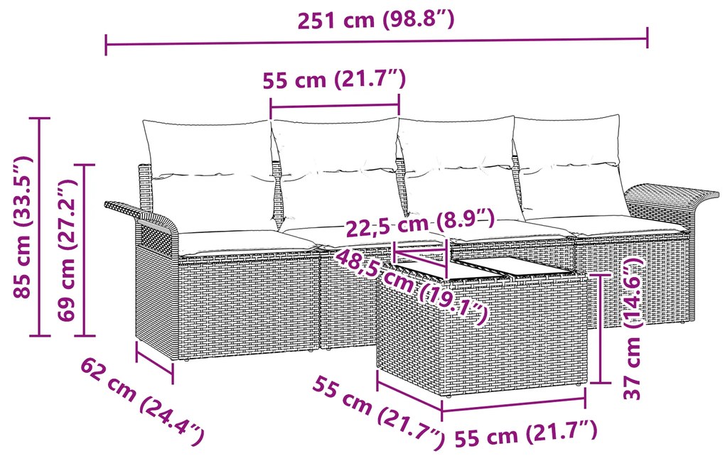 Conjunto de Sofá de Jardim de 5 Peças com Almofadas Cinzento Rattan Po