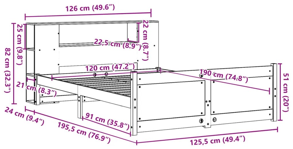Cama com estante sem colchão 120x190 cm pinho maciço