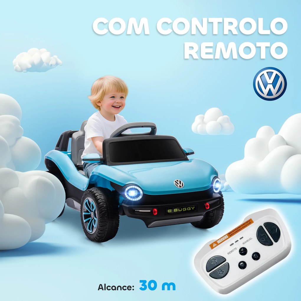 Carro Elétrico para Crianças Volkswagen E-Buggy Bateria 12V com Controlo Remoto 2,4 G Faróis LED Música USB 98x56,5x47 cm Azul