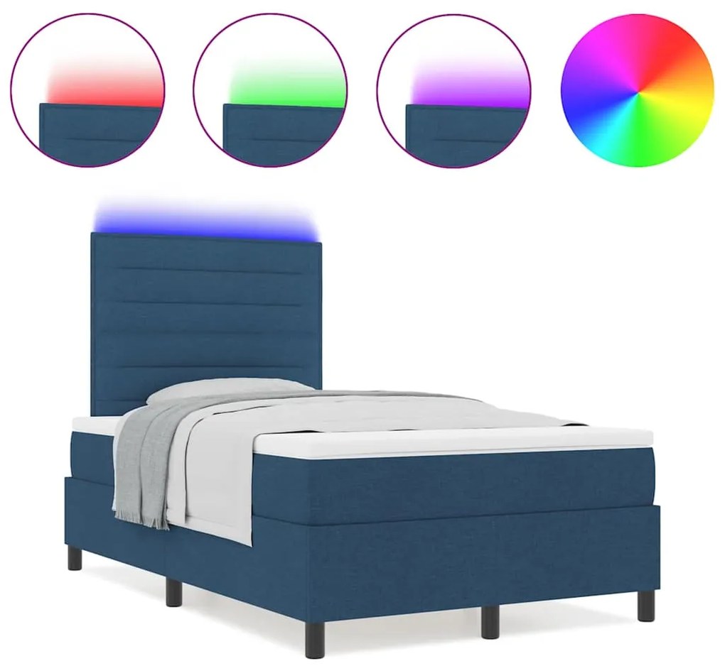 Cama Box Spring com Colchão e Luz LED Azul, 120 x 190 cm em Tecido